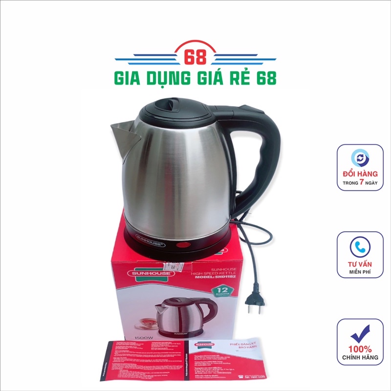 Ấm Siêu Tốc Inox 1.8 Lít Sunhouse SHD1182- có đèn báo, tự ngắt khi sôi nước