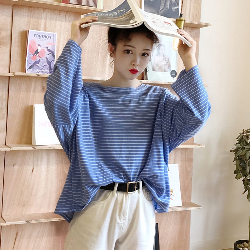 Áo thun cổ tròn dài tay kẻ sọc ngang phong cách Hàn Quốc cho nữ | BigBuy360 - bigbuy360.vn