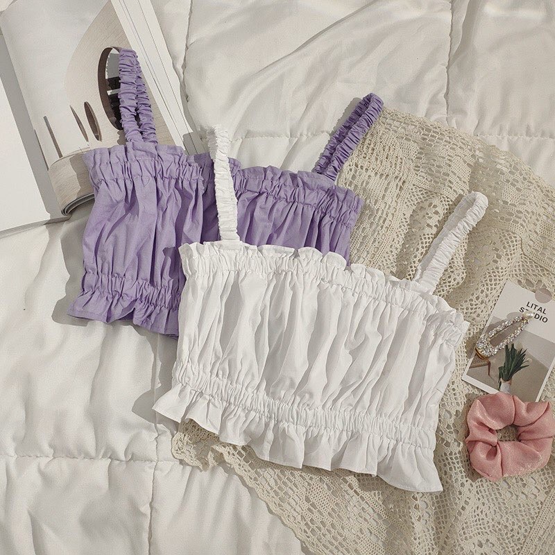 Áo Croptop Hai Dây Viền Bèo Hàn Quốc, Freesize Dưới 58Kg, Hàng Loại 1
