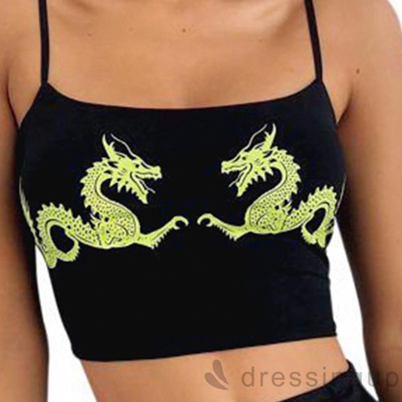 Áo tank top hai dây in hình rồng màu đen ôm dáng phong cách Trung Hoa cho nữ size S/ M/ L
