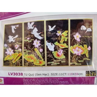 Tranh thêu chữ thập tứ quý Sen hạc (chưa thêu) LV3038