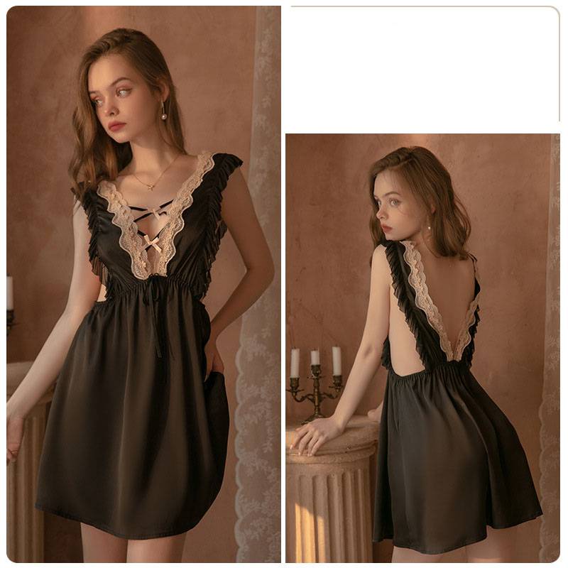 Bộ Đồ Ngủ Hai Dây Hở Lưng Phối Bèo Phong Cách Pháp Quyến Rũ Cho Nữ