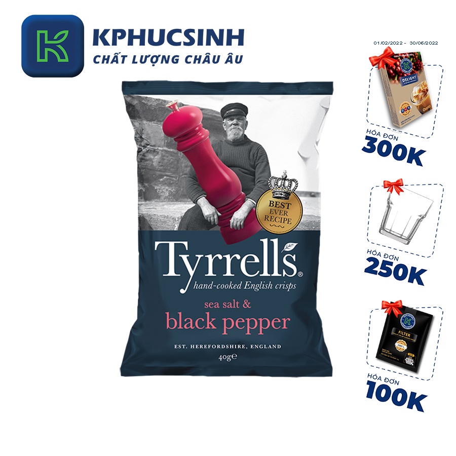 Khoai tây chiên Tyrrells sea salted black pepper hand cooked crips 40g KPHUCSINH - Hàng Chính Hãng