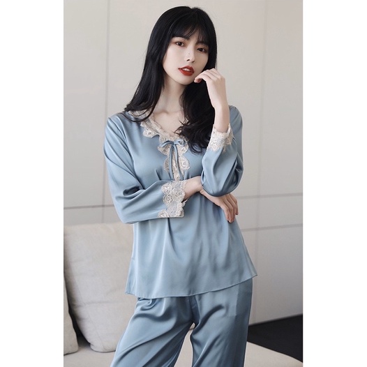 Bộ đồ lụa mặc ngủ, mặc nhà phối ren cao cấp - C98