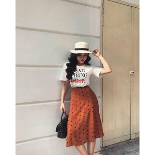 Set váy chấm bi nâu kèm áo chữ