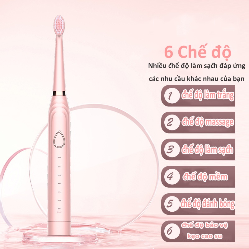 Bàn chải đánh răng điện siêu âm làm trắng da mặt / Với 5 đầu bàn chải có thể thay thế / Bộ sạc USB không thấm nước