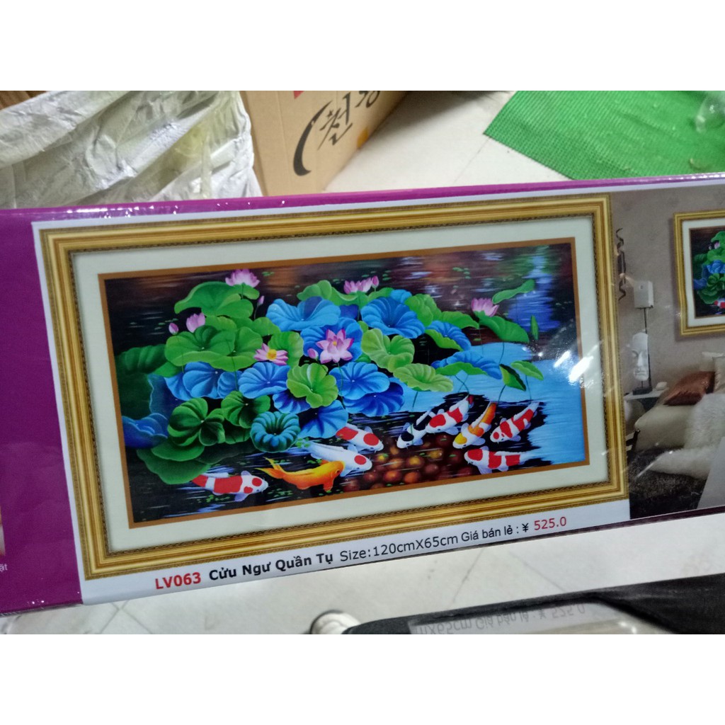 tranh đính đá cửu ngư quần họi cá chép hoa sen kt 120x63cm