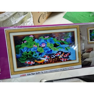 tranh đính đá cửu ngư quần họi cá chép hoa sen kt 120x63cm