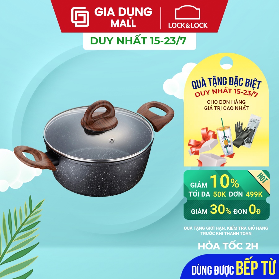 Nồi Nhôm Chống Dính Lock&Lock Baum Marble 2 Tay Cầm Giả Vân Gỗ,Nắp Thủy Tinh LBU1202 LBU1242 (20-24cm) - Hàng Chính Hãng