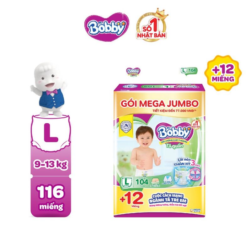 Tã quần bobby gói Mega Jumbo M124/L108/XL96/XXL88/M120/L104