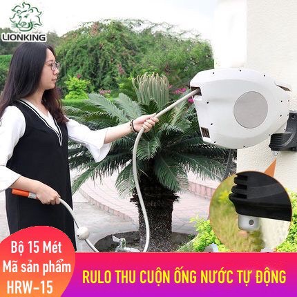 Bộ vòi tưới cây, rửa xe Lionking 15 MÉT (PHIÊN BẢN CAO CẤP). Rulo cuộn ống tự động. TẶNG VÒI PHUN ĐA NĂNG 8 KIỂU PHUN