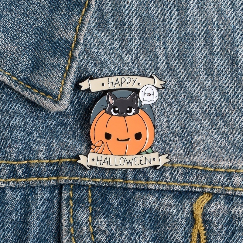 Ghim cài áo QIHE JEWELRY tráng men hình bí ngô mèo đen bóng ma trang trí Halloween vui nhộn
