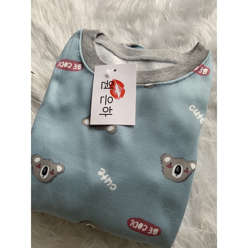 Set nỉ bông nhiều họa tiết nữ - Bộ quần ống bo áo sweater mặc ở nhà, icon dễ thương bánh bèo