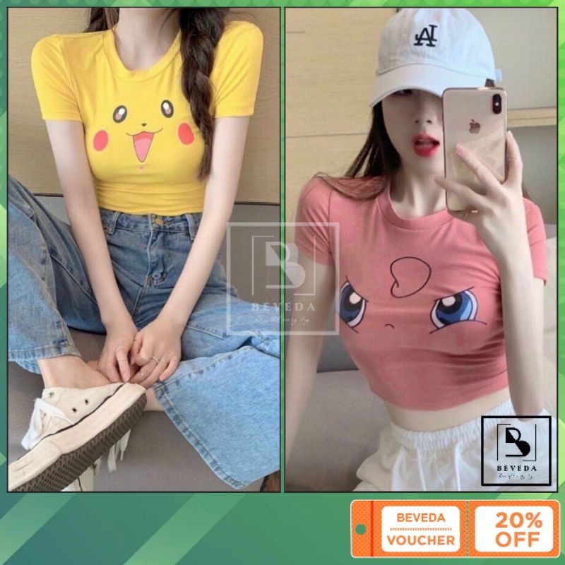 Áo Kiểu Nữ Body Croptop Pikachu Tay Ngắn