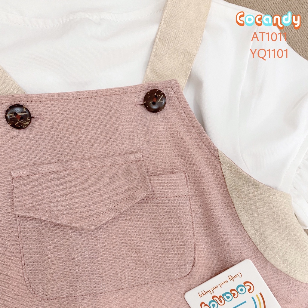 Set đồ cho bé- Áo thun trắng tay bèo và yếm quần đũi hồng cho bé của COCANDY mã AT101100, YQ110131