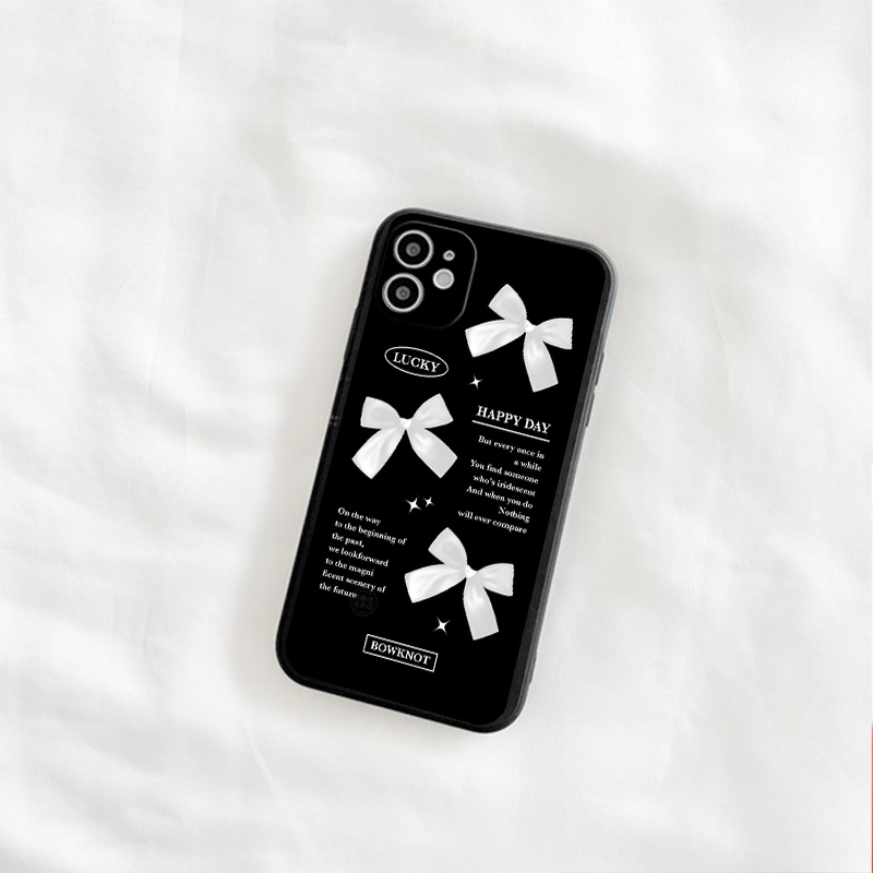 Ốp iphone đen nơ trắng Lucky Happy Day cho 6/6Plus,7/8plus,X/Xs,XsMax,11, Xr,11pro,11ProMax,12/12pro,12ProMax,13pro