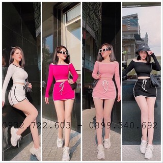 Set Áo Trể Vai Kèm Chân Váy Body Có lót quần thun borip