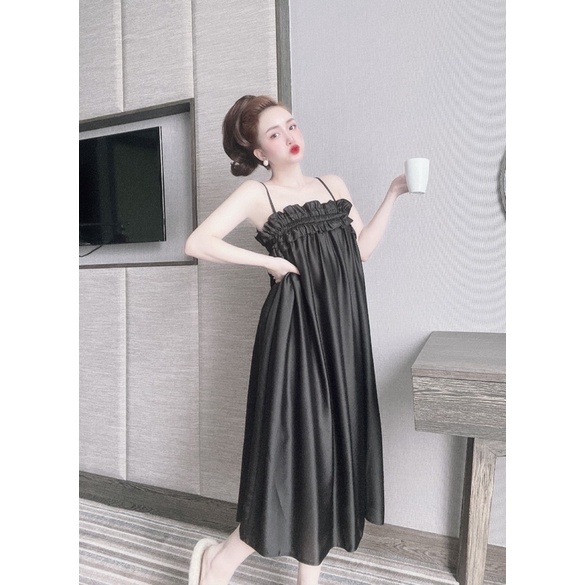 [Hàng mới về] Đầm 2 dây sexy quyến rũ phối ren LỤA LATIN mặc nhặc ngủ cực xinh (mẹ bầu - Sau sinh mặc thoải mái)