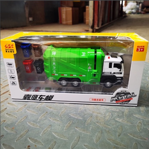 Mô hình xe rác xe tải chở rác hợp kim kèm 4 thùng rác kích thước 17*5.3*8cm có đèn và nhạc