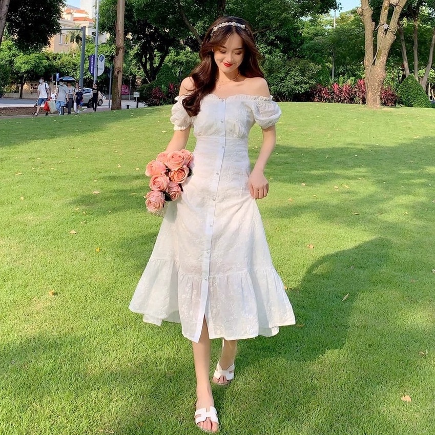 SALE SỐC Váy dài trễ vai xinh xắn chụp kỷ yếu, Váy trắng tiểu thư đuôi cá vintage đi biển, đi chơi