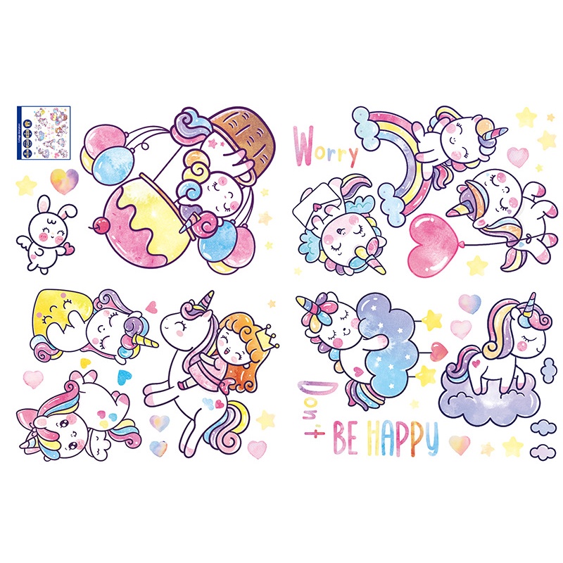 Decal trang trí tường phòng ngủ cho bé gái màu hồng - decalamyshop Kỳ lân Dont worry be happy Cao Cấp