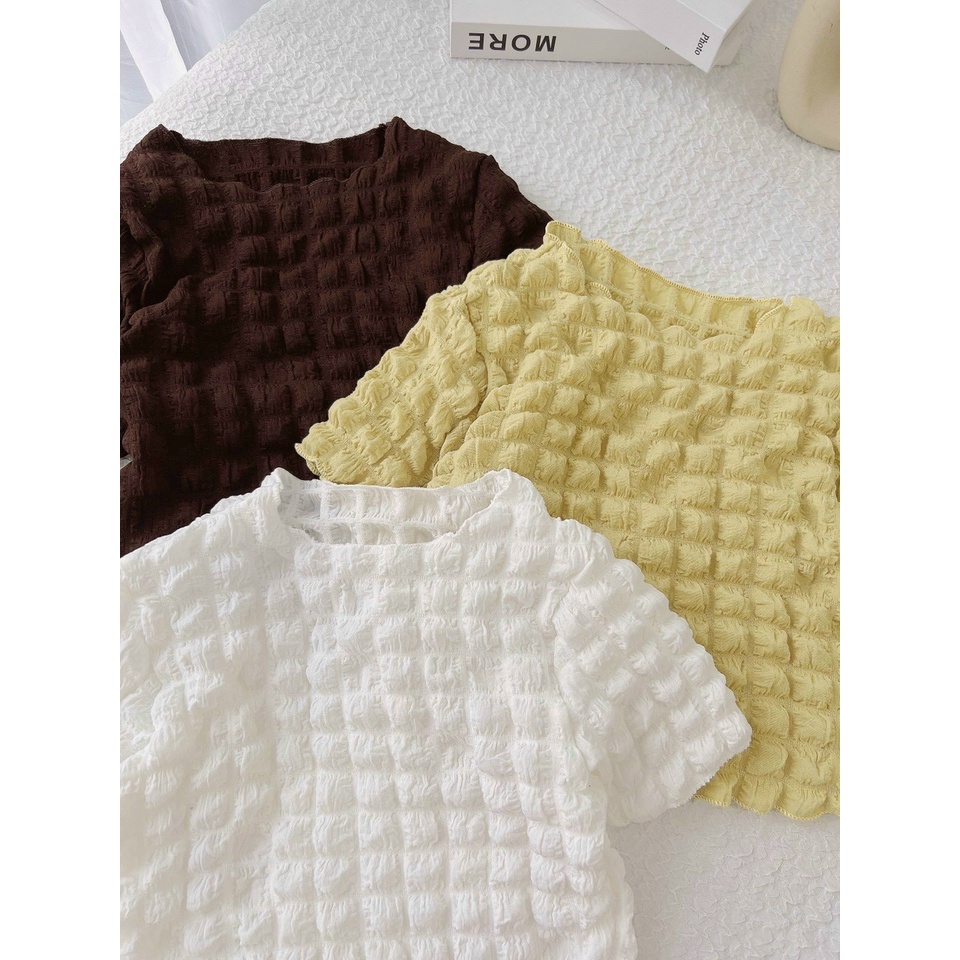 Áo croptop nữ cổ tròn dáng ngắn vải xốp nổi 3 màu hot hit, áo thun tay ngắn ôm body sang chảnh