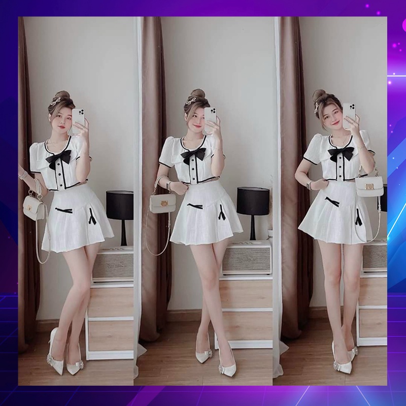 Set Chân Váy Nữ Kèm Áo Có Nơ - Viền Ren , Chân Váy Có Lót , Nút Cài Thật - Thời Trang Dressery Store