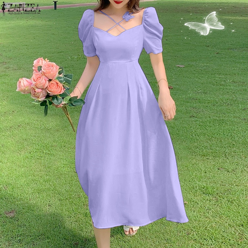 Đầm ZANZEA dáng dài tay phồng cổ vuông thời trang Hàn Quốc cho nữ