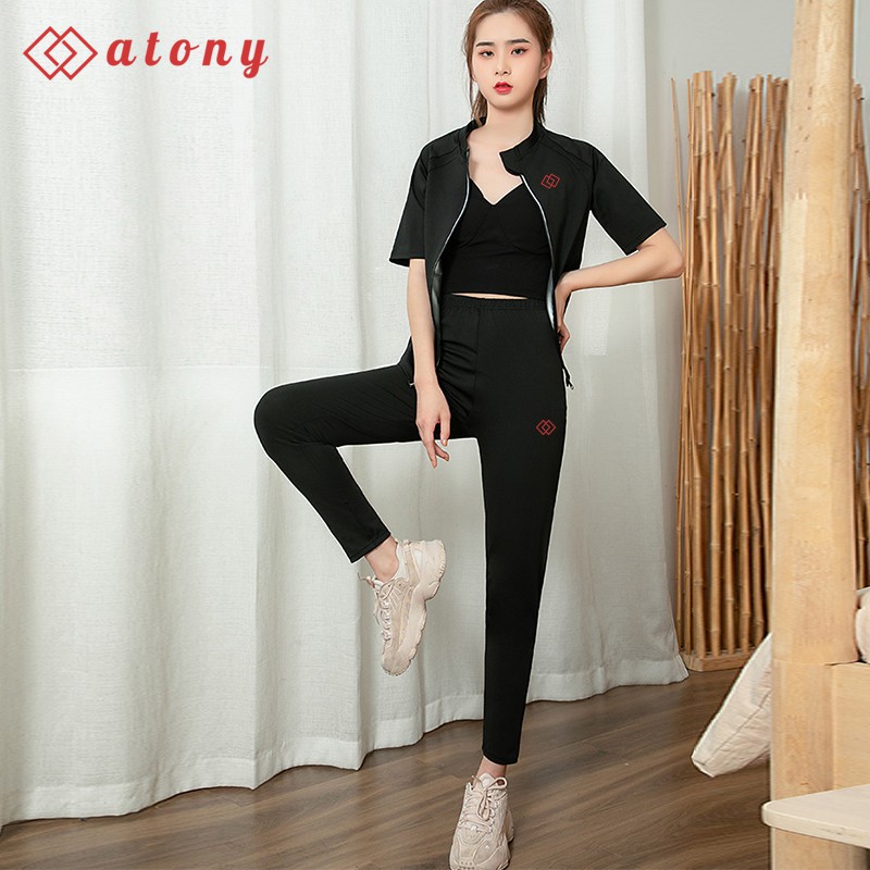 Bộ Đồ Tập Sinh Nhiệt Đổ Mồ Hôi Giảm Mỡ Bụng ATONY Cao Cấp - Set 3: Áo Khoác Ngắn Tay + Áo Ngực + Quần Tan Mỡ