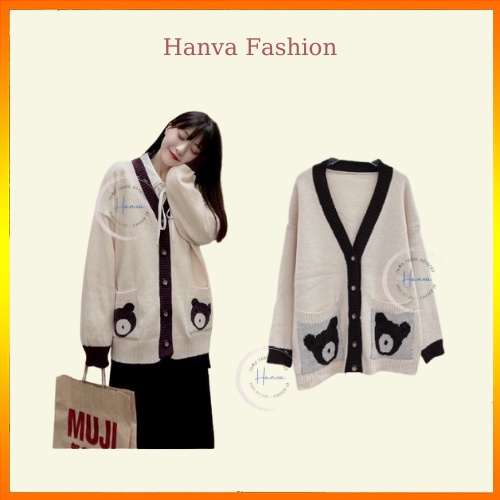 Áo Cardigan Dài Tay Khuy Cài Túi Gấu Dễ Thương Chất Len Mềm Mịn Form Overisze Hanva