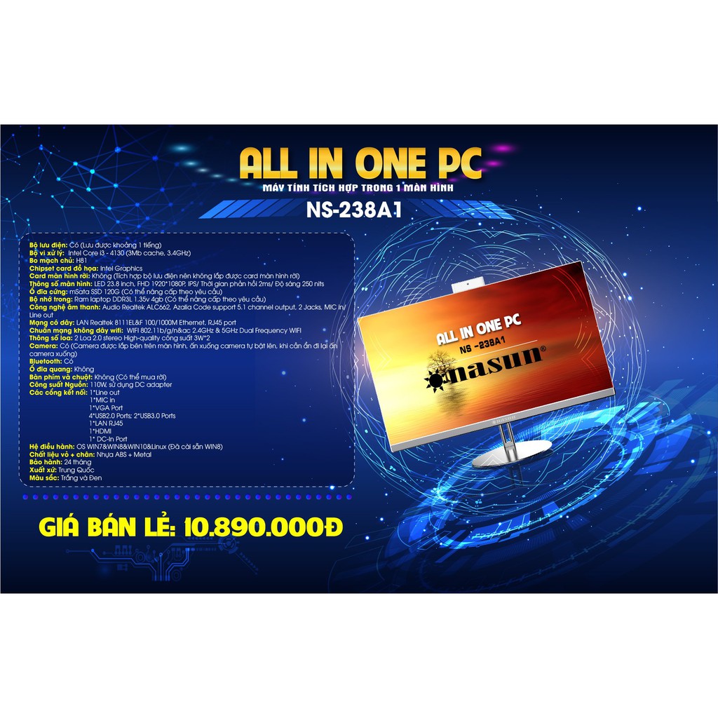 Máy tính All in One NASUN  model NS-238A1, chip i3, lưu điện, màn 23.8" IPS
