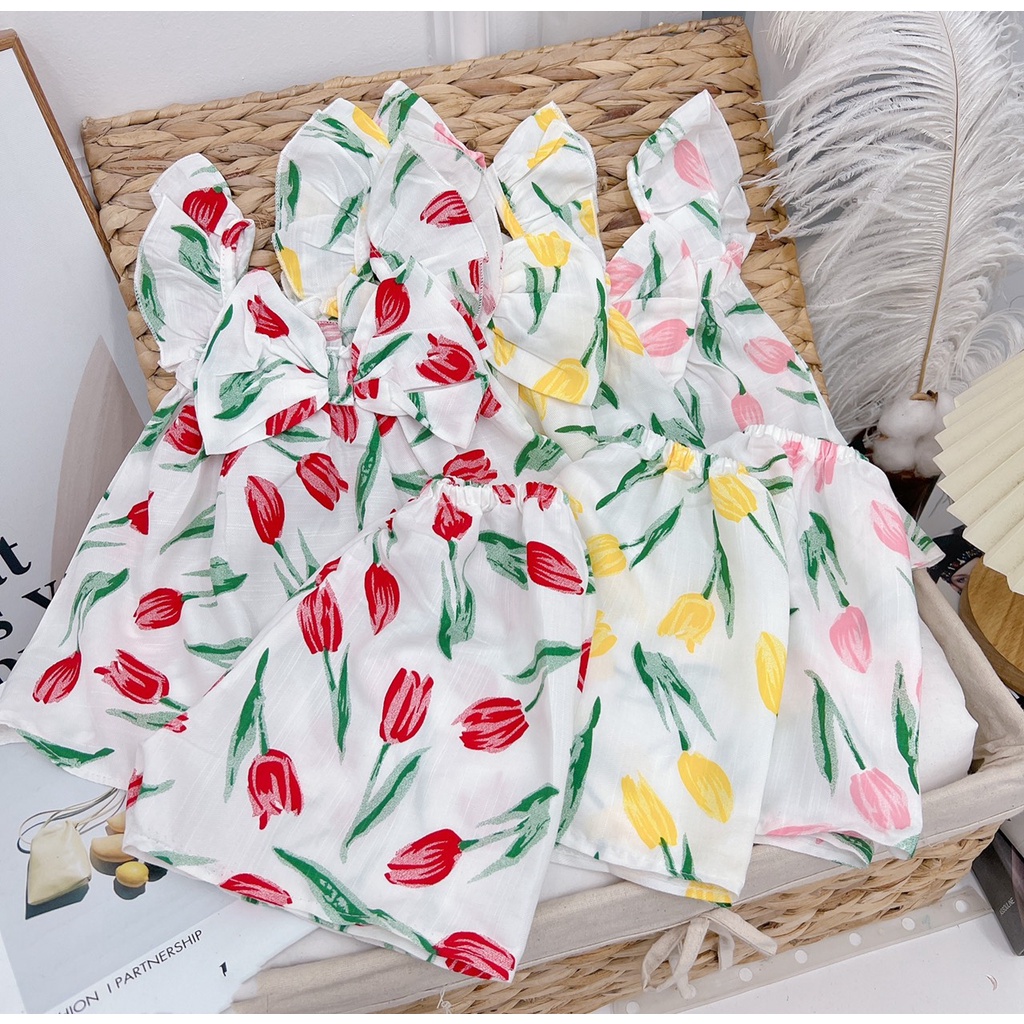 XẢ HÀNG Bộ cộc tay bé gái, bộ đũi áo cánh tiên hoa Tuylip nơ trước ngực cho bé