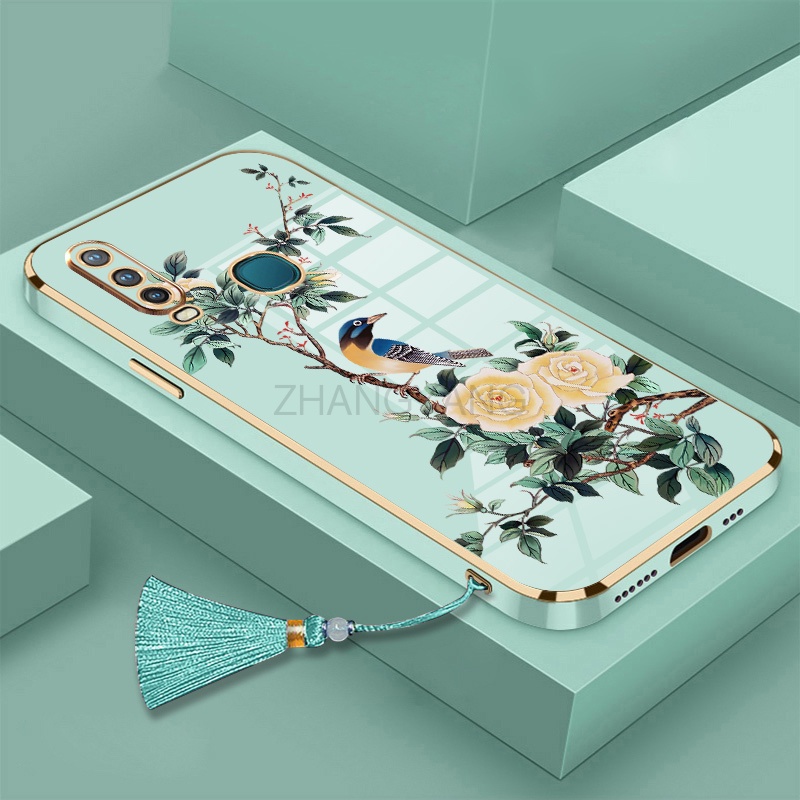 ốp lưng vivo y11 y12 y15 y17 y19 Vỏ điện thoại di động TPU hoa văn chim và hoa được mạ điện có dây buộc tua