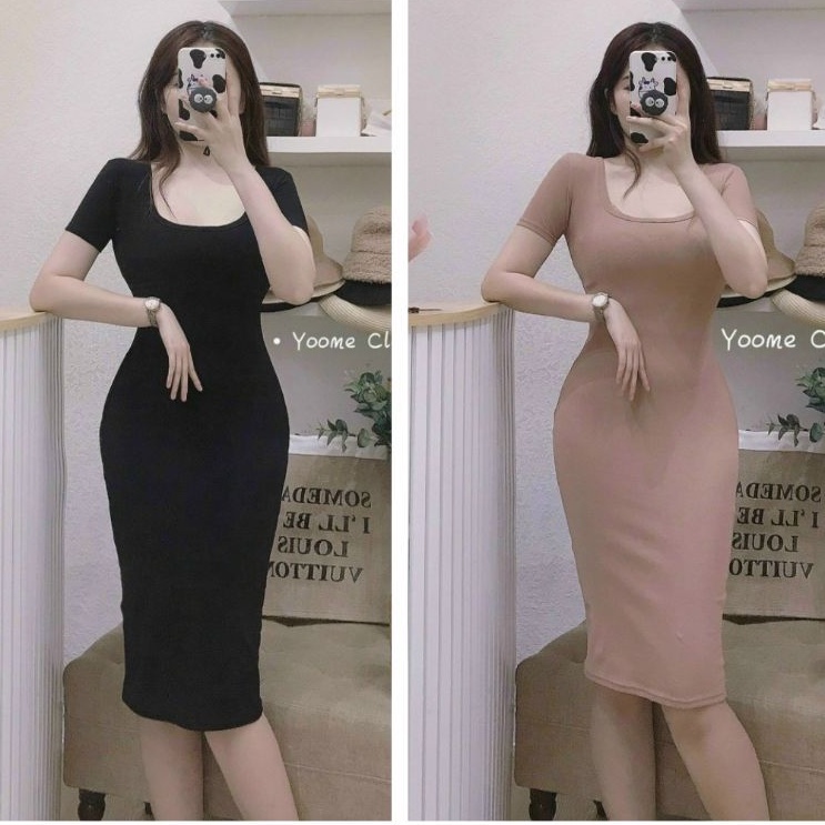 Váy ôm body cổ vuông ngắn tay