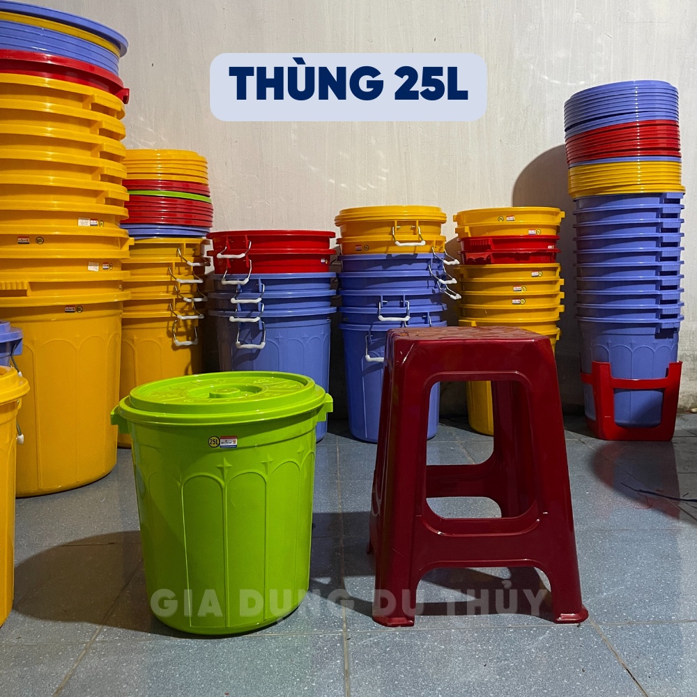 Thùng nhựa tròn có nắp 25L đựng nước, đựng gạo nhựa chính phẩm, xô nhựa lớn - THÙNG GẠO VIỆT THÀNH 25L