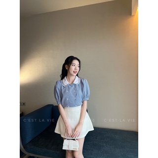 Áo kẻ cổ sen vintage C'est la vie