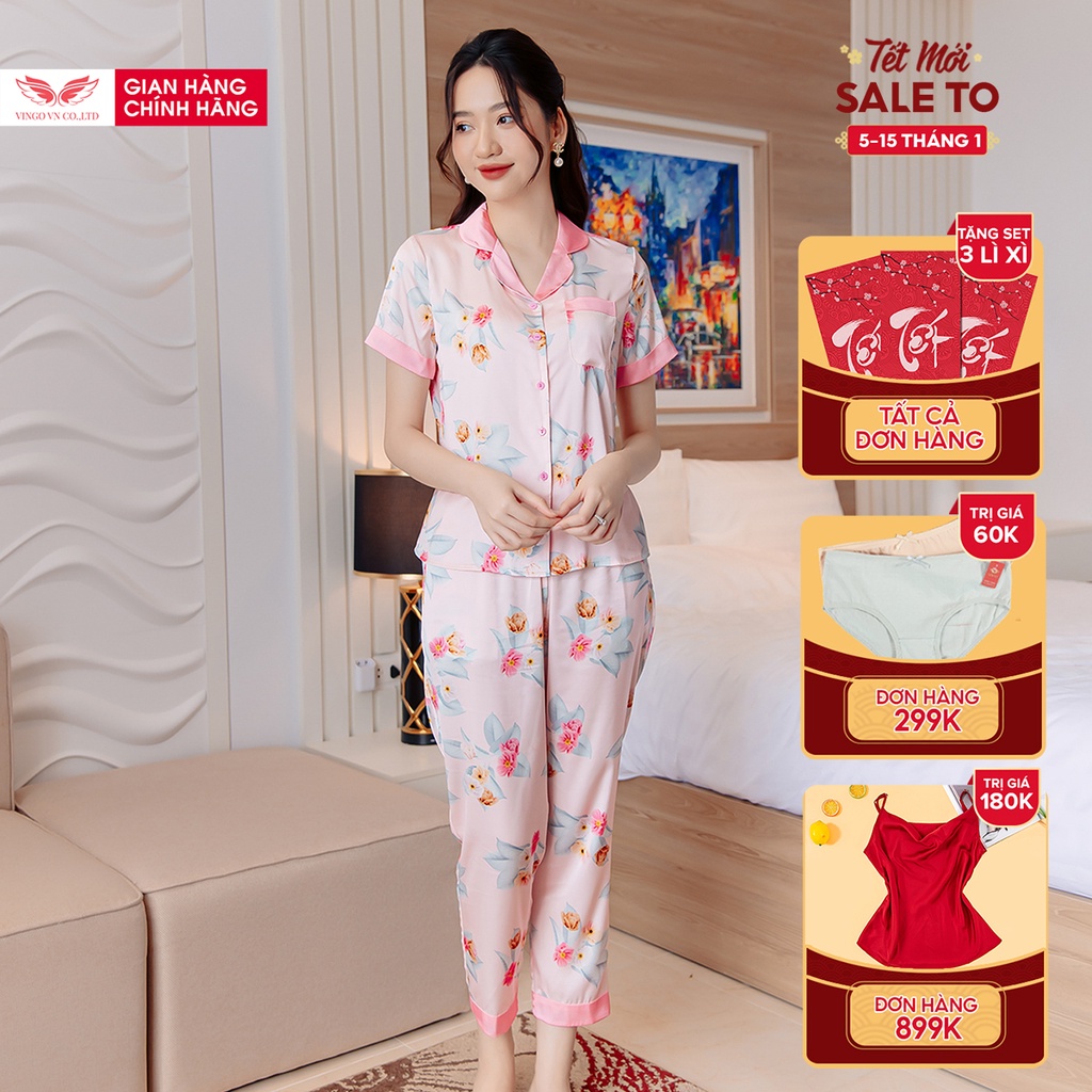 Bộ Đồ Mặc Nhà Pyjama Nữ VINGO Chất Liệu Lụa Pháp Cao Cấp Tay Cộc Quần Dài Họa Tiết Hoa Hồng Thanh Lịch H524 VNGO - TCQD