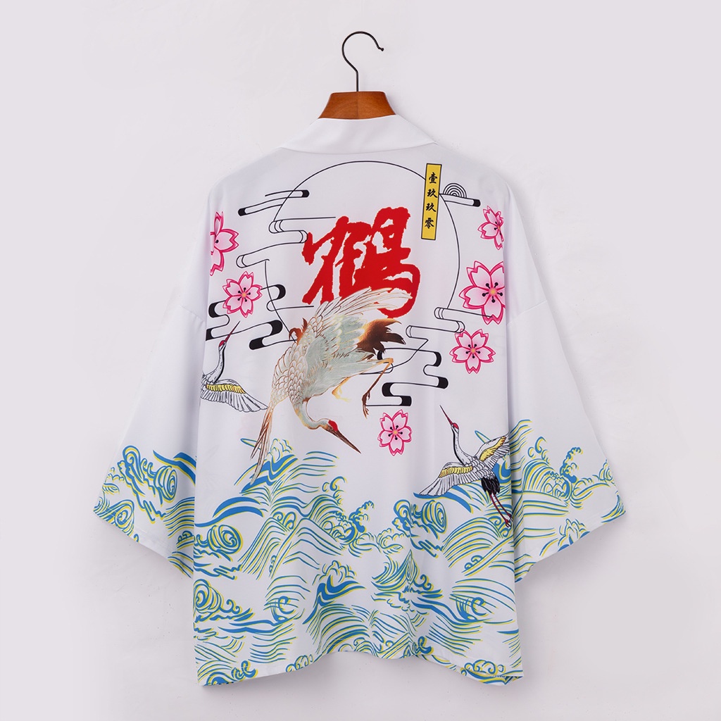 Áo khoác cardigan Kimono Haori đi biển hoạ tiết hạc trắng 4
