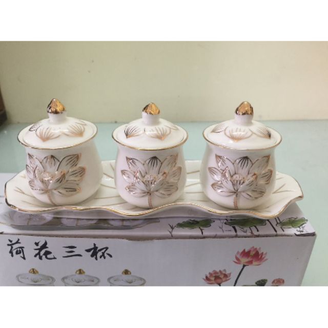 Bộ thờ cúng gốm sứ lư hương bát nhang bình hoa ống đựng nhang đĩa áng chung ly đại bi hũ nước muối gạo đèn dầu thờ cúng