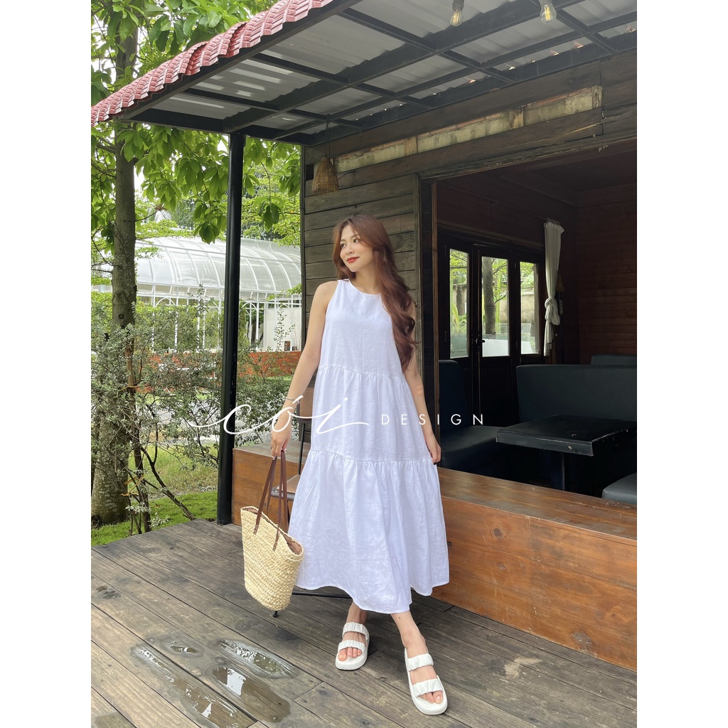 Đầm linen sát nách trơn tầng Cói Design