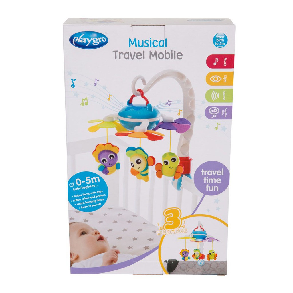 Đồ chơi treo nôi và xe đẩy phát nhạc Travel Mobile Playgro, cho bé sơ sinh đến 5 tháng