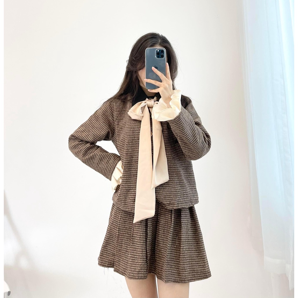 (FREESHIP) Set dạ nâu nơ be tay xòe hàng quảng châu Miho house