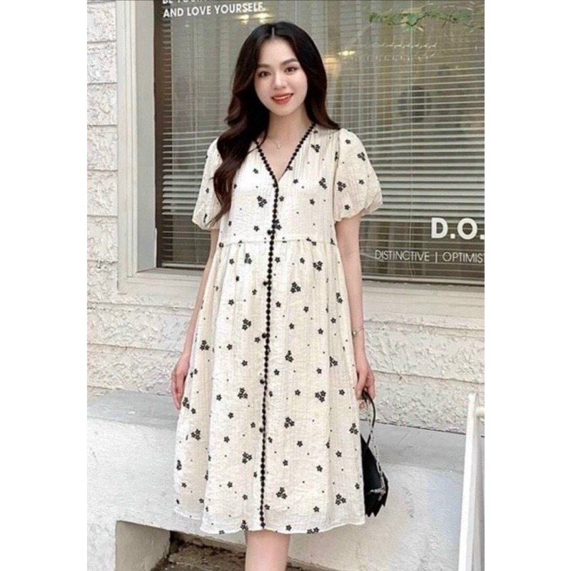 Váy bầu sơ mi thời trang hoa nhí 2 lớp, đầm bầu công sở mặc hè cực xinh