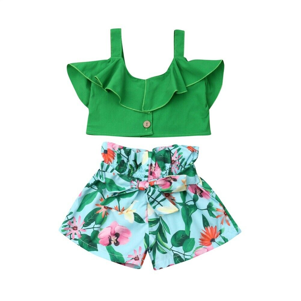 Bộ Áo Croptop + Quần Short In Họa Tiết Hồng Hạc Màu Xanh Lá Thời Trang Mùa Hè 2019 Cho Bé Gái 1-6 Tuổi