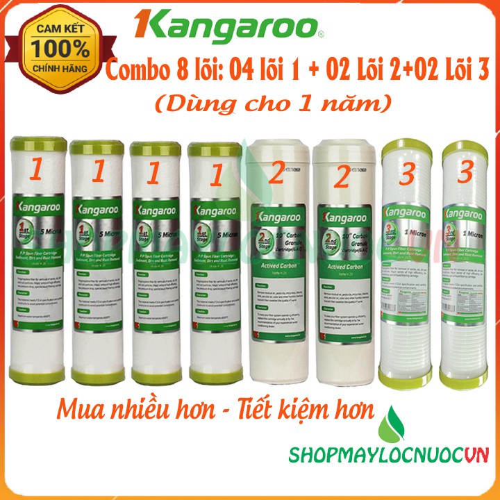 Bộ 08 Lõi Lọc Nước Kangaroo gồm:  4 Lõi số 1+ 2 Lõi số 2 + 2 Lõi số 3 – Mua nhiều hơn – Tiết kiệm hơn – Dùng cho 1 Năm