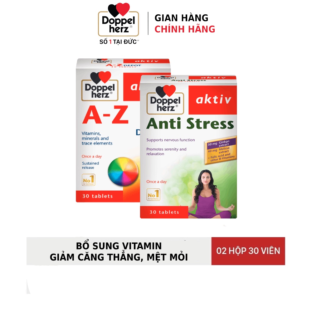 Bộ đôi bổ sung vitamin, khoáng chất, giảm căng thẳng mệt mỏi Doppelherz Anti Stress + A Z Depot (02 hộp, 30 viên/hộp)