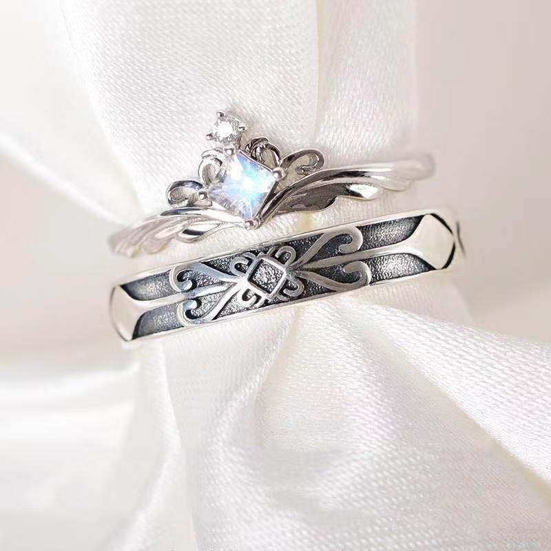 Nhẫn cặp công chúa và hiệp sĩ Nữ Sterling bạc đôi sống động nam mặt trăng Quà tặng ngày lễ tình nhân