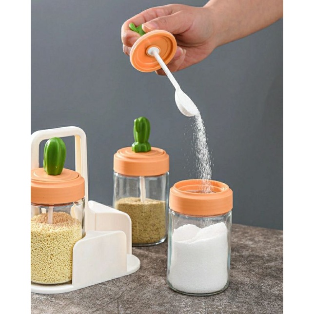 Lọ đựng gia vị thủy tinh xương rồng cao cấp, hũ bột canh kèm muỗng thìa đẹp