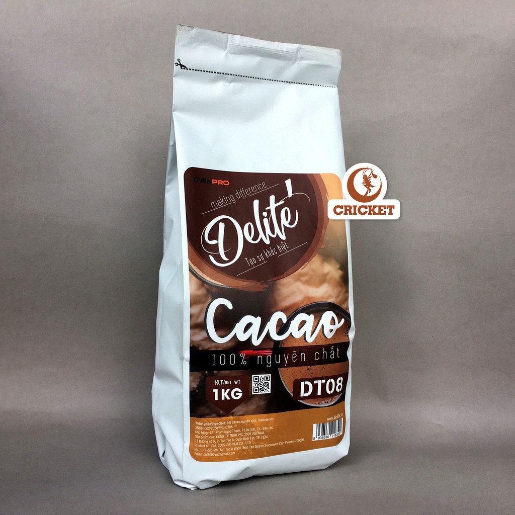 Bột Cacao Nguyên Chất 100% DT08 Delite 1kg - Pha Đồ Uống Làm Bánh Loại 1