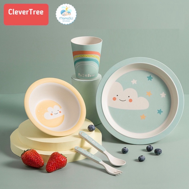 Bộ bát đĩa sợi tre CleverTree cao cấp set 5 chi tiết cho bé ăn dặm